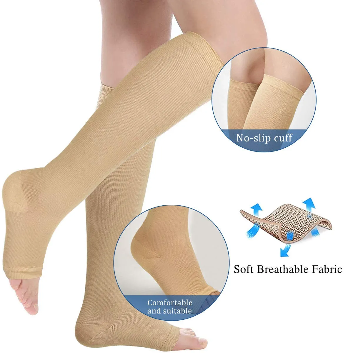 3 Pairs Open Toe Compression Socks Women Knee High Toeless 15-25 mmHg Beige Large/X-Large (3 Pair)