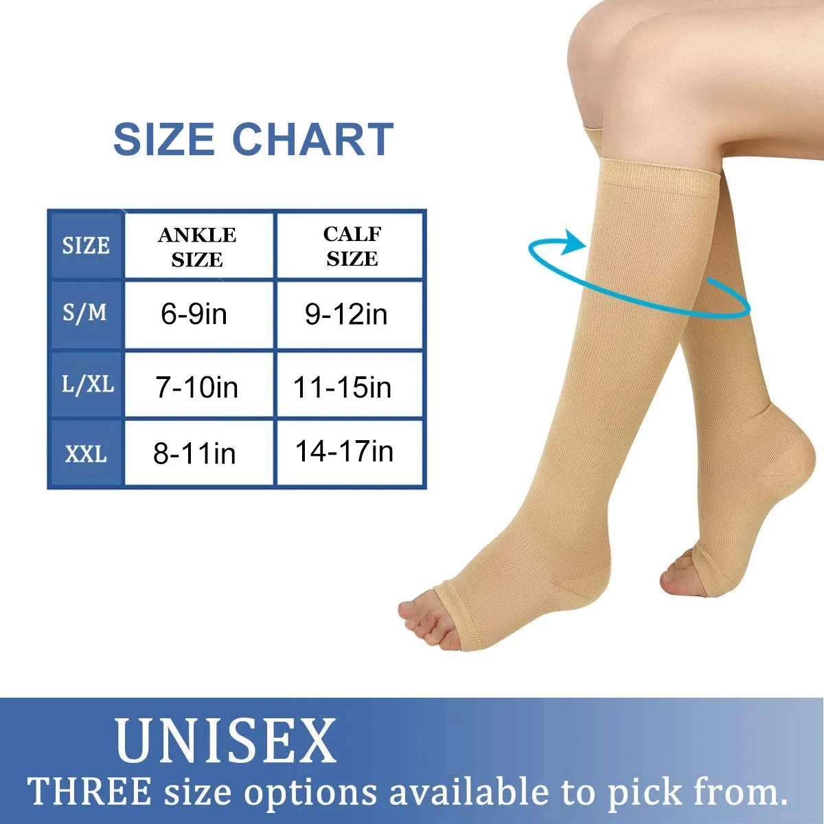 3 Pairs Open Toe Compression Socks Women Knee High Toeless 15-25 mmHg Beige Large/X-Large (3 Pair)