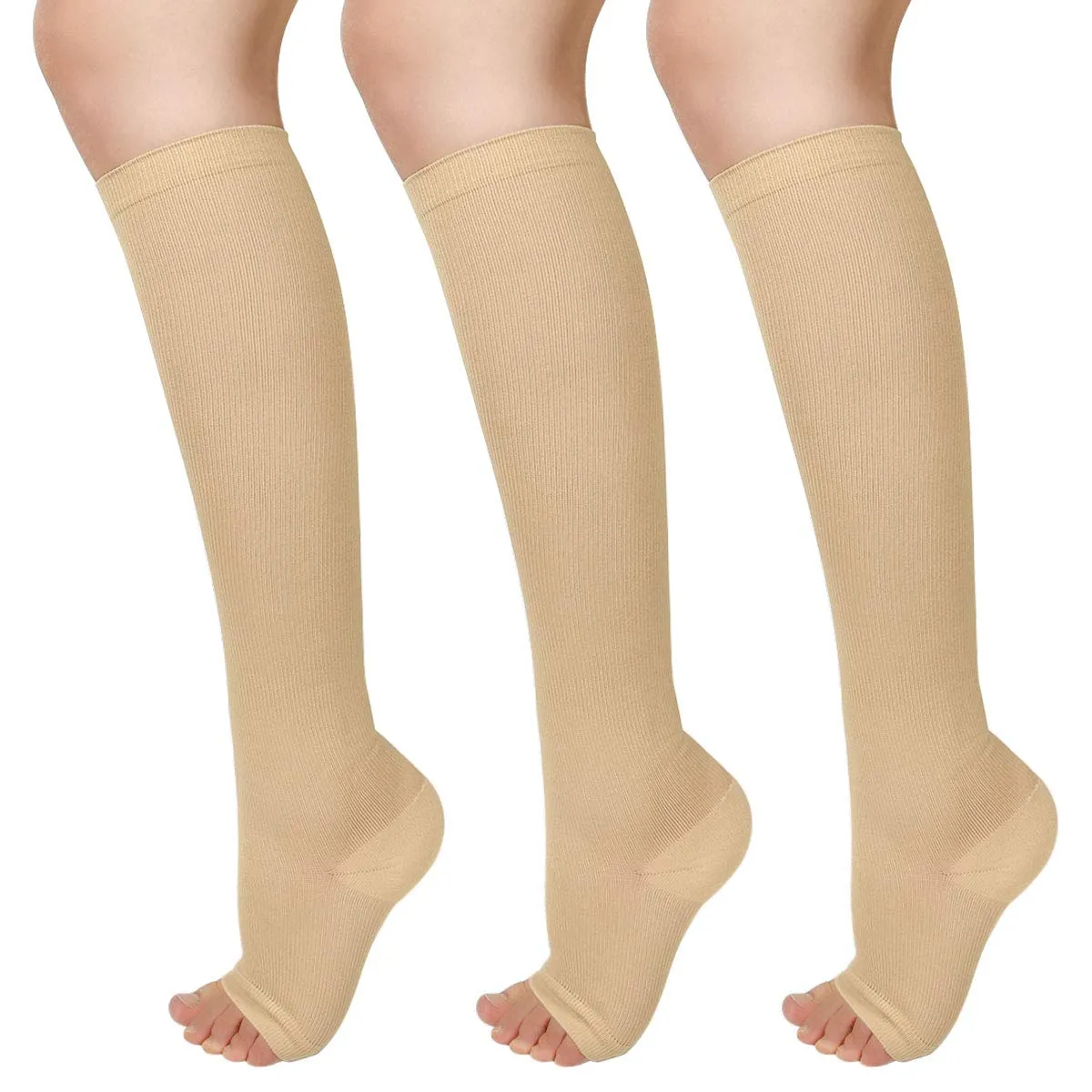 3 Pairs Open Toe Compression Socks Women Knee High Toeless 15-25 mmHg Beige Large/X-Large (3 Pair)