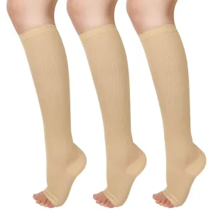 3 Pairs Open Toe Compression Socks Women Knee High Toeless 15-25 mmHg Beige Large/X-Large (3 Pair)