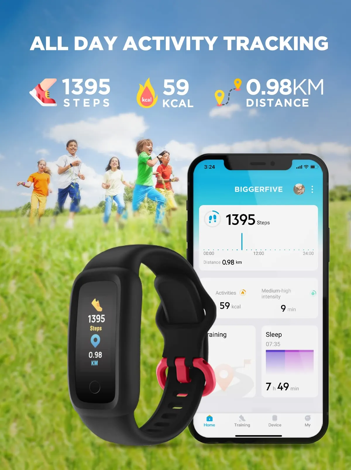 BIGGERFIVE Vigor 2 Kids Fitness Tracker Watch for Girls Boys Ages 5-12, IP68 Waterproof, Activity Tracker, Pedometer, Heart Rate Sleep Monitor, Calorie Step Counter Watch Black