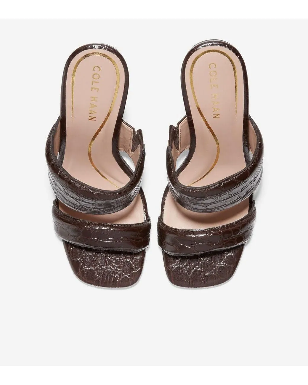Cole Haan Reina Two-Band Brown Croc Embossed Slip On Open Toe Heeled Sandals