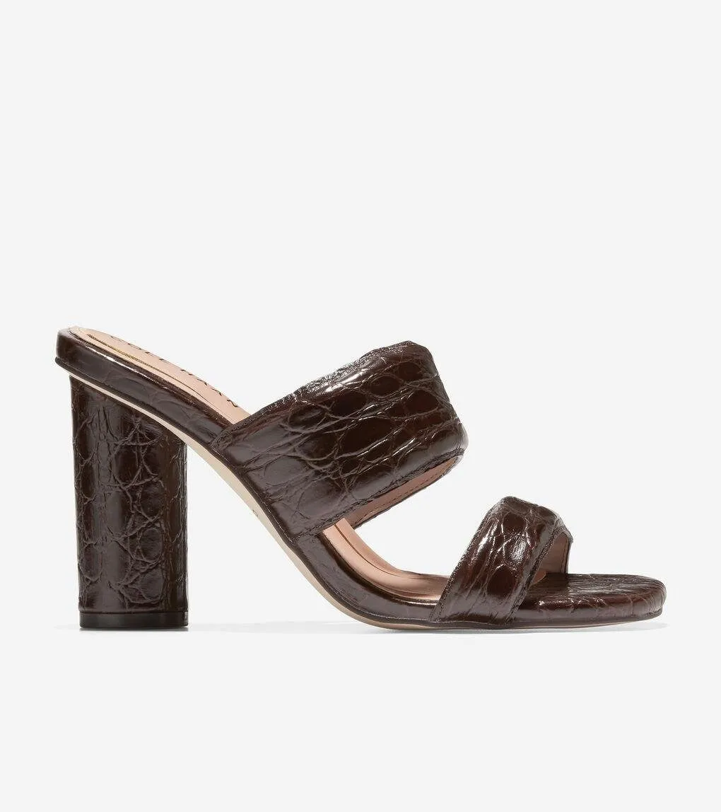 Cole Haan Reina Two-Band Brown Croc Embossed Slip On Open Toe Heeled Sandals