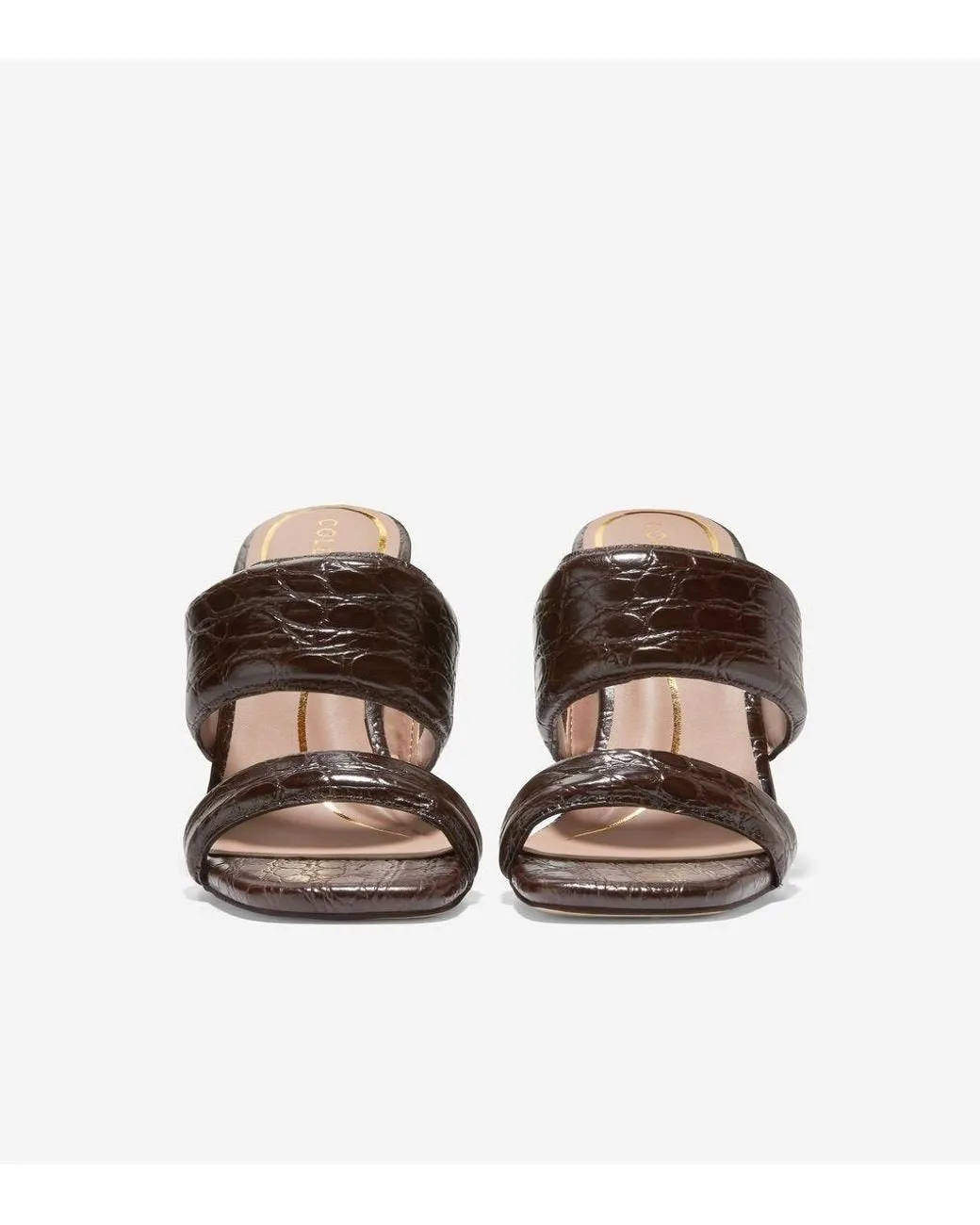 Cole Haan Reina Two-Band Brown Croc Embossed Slip On Open Toe Heeled Sandals