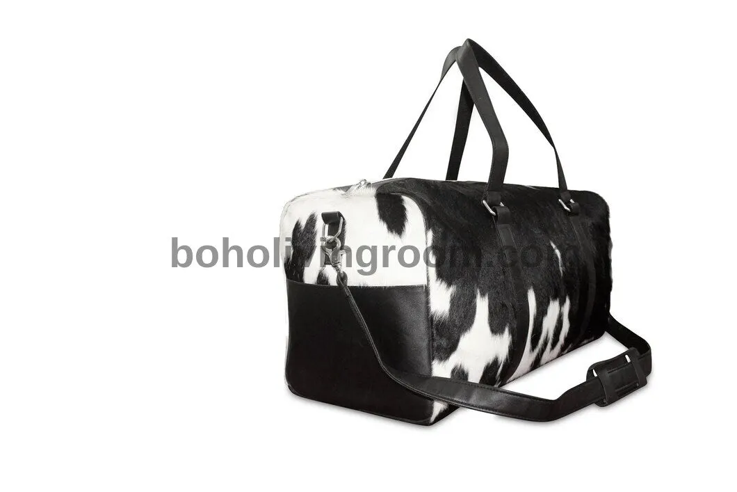 Cowhide Overnight Duffel Bag Black White