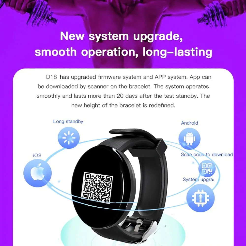 D18 FD68S Smartwatch Fitness Tracker Watches Smart Watch Men Women Blood pressure Step Stopwatch for IOS Android Smart Bracelet