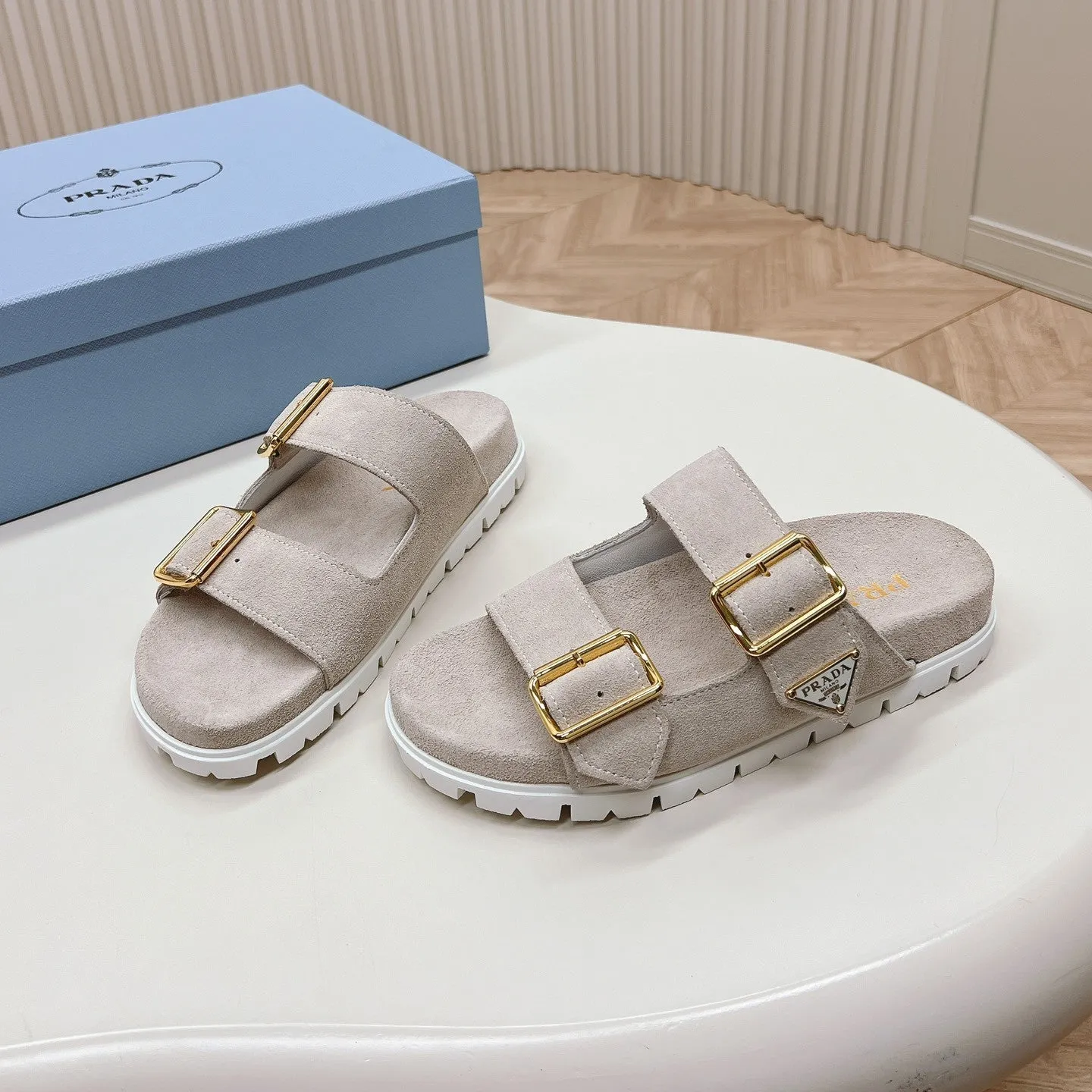 Double Buckle Strap Slides 20 Light Grey Suede