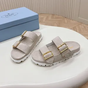 Double Buckle Strap Slides 20 Light Grey Suede