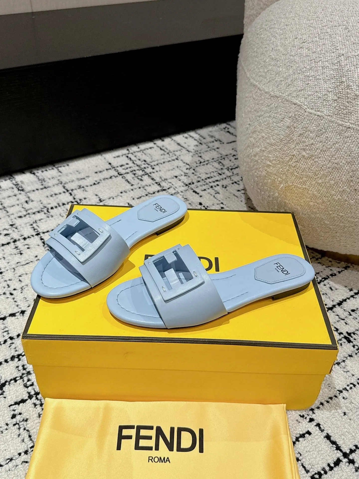 FF Baguette Baby Blue Leather Slide