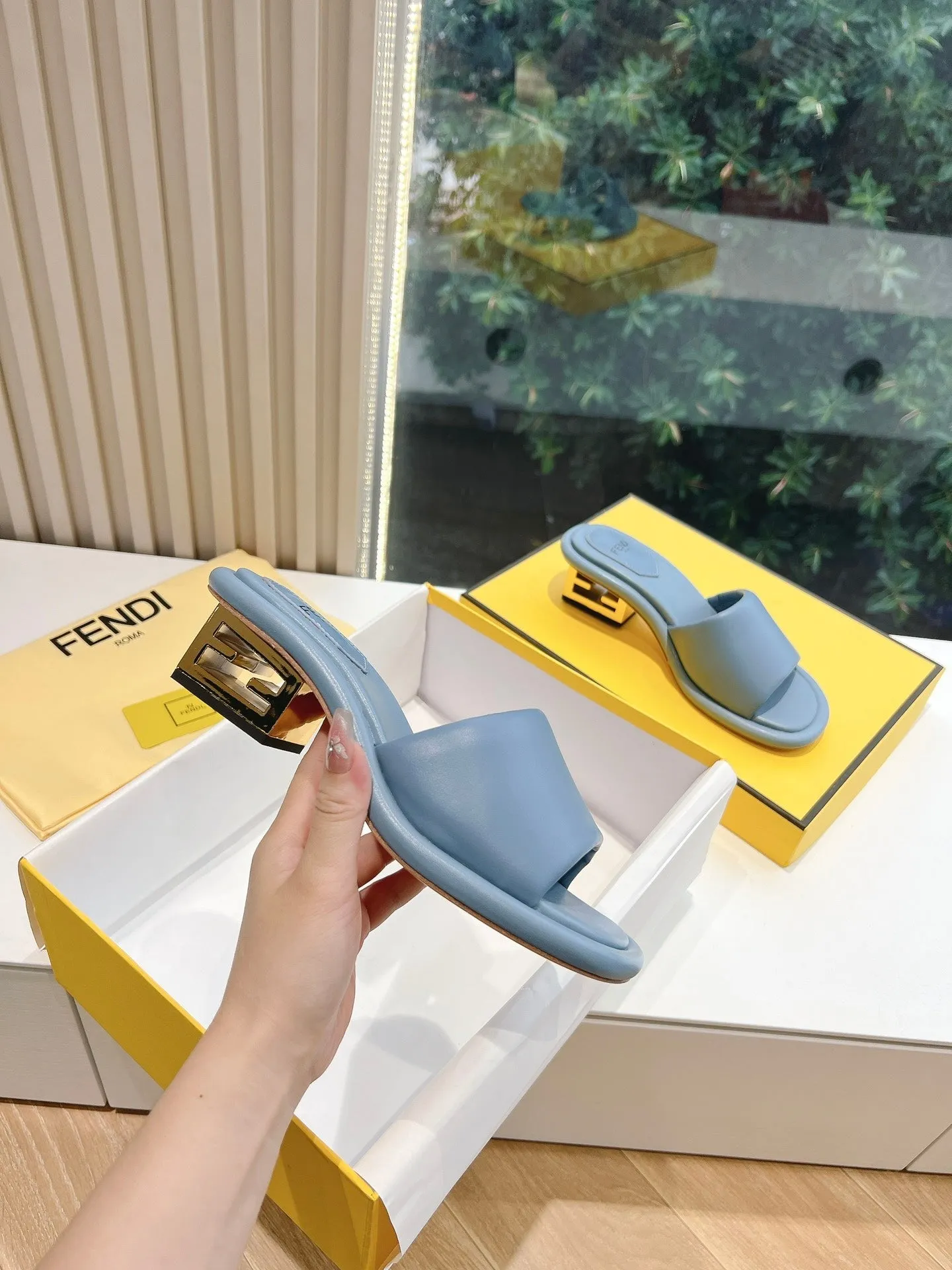 FF Baguette Slides Women 45 Nappa Leather Baby Blue