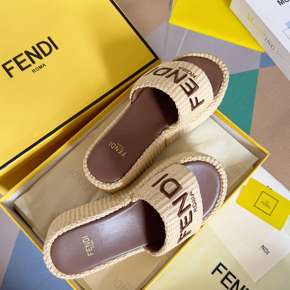 FF Sunshine 65 Beige Cotton Brown Leather Fibre Flatform Slide