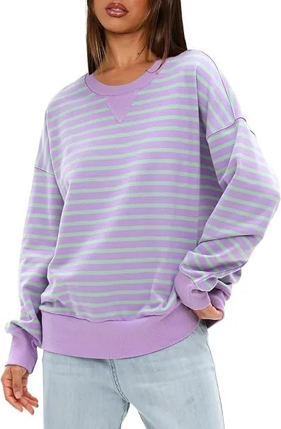 Mulisky Sweatshirt for Women, Oversized Crewneck Striped Long Sleeve Shirts Casual Pullover Top