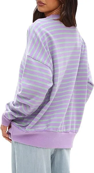 Mulisky Sweatshirt for Women, Oversized Crewneck Striped Long Sleeve Shirts Casual Pullover Top