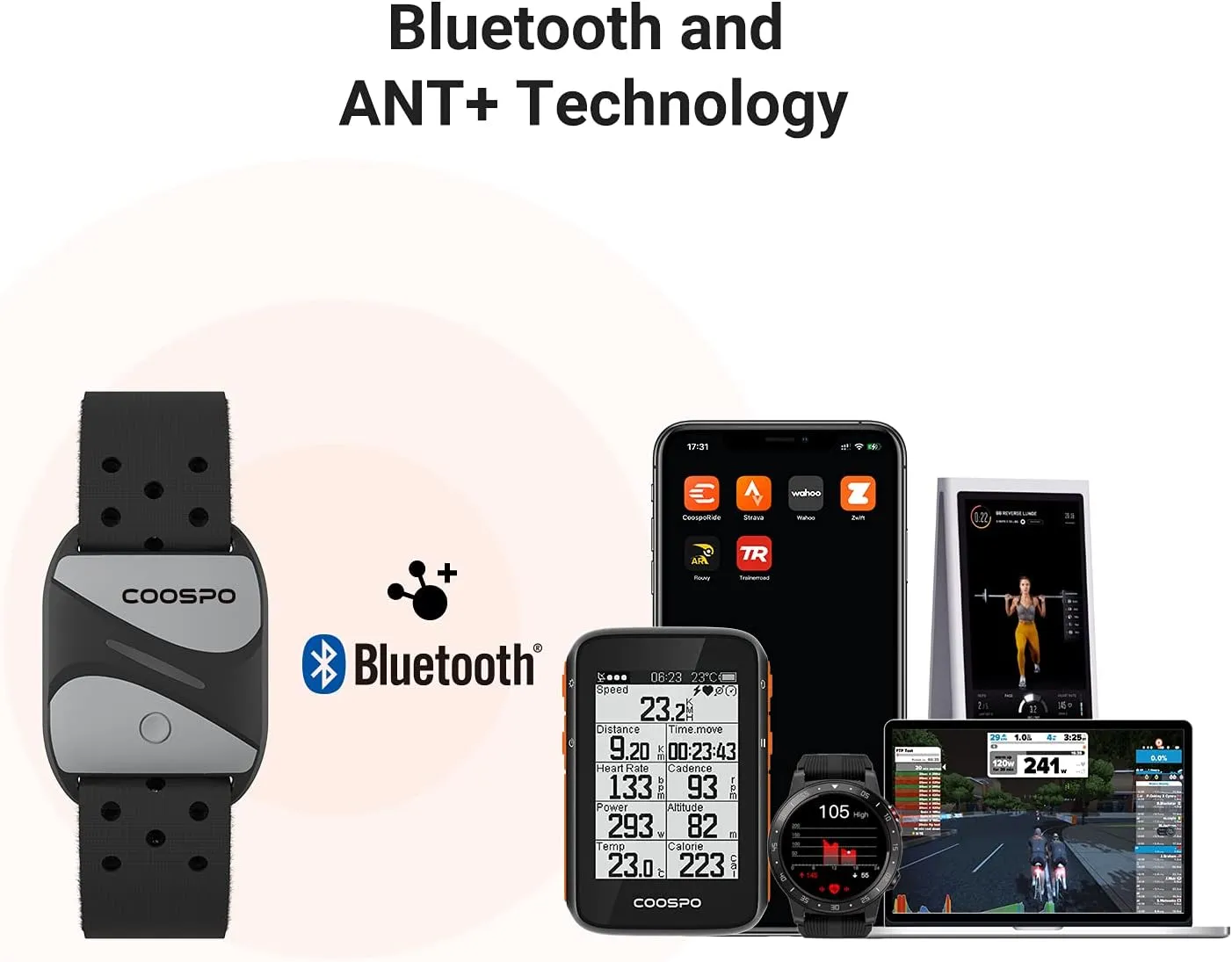 New Retail $60  COOSPO Heart Rate Monitor Armband HW807, Bluetooth 5.0 ANT  HRM with HR Zone LED Indicator, Tracking Heartbeat HRV for Fitness Training, Work with Peloton/Polar/Wahoo/Strava/Zwift/DDP Yoga