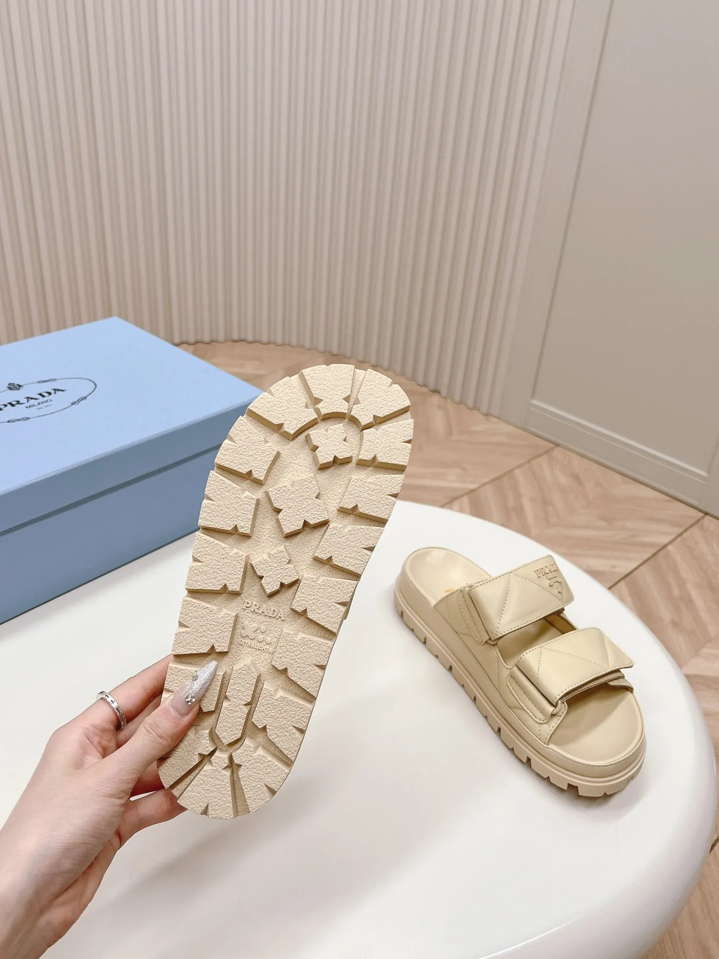 Pra Double Strap Quilted Slide 20 Beige Calfskin