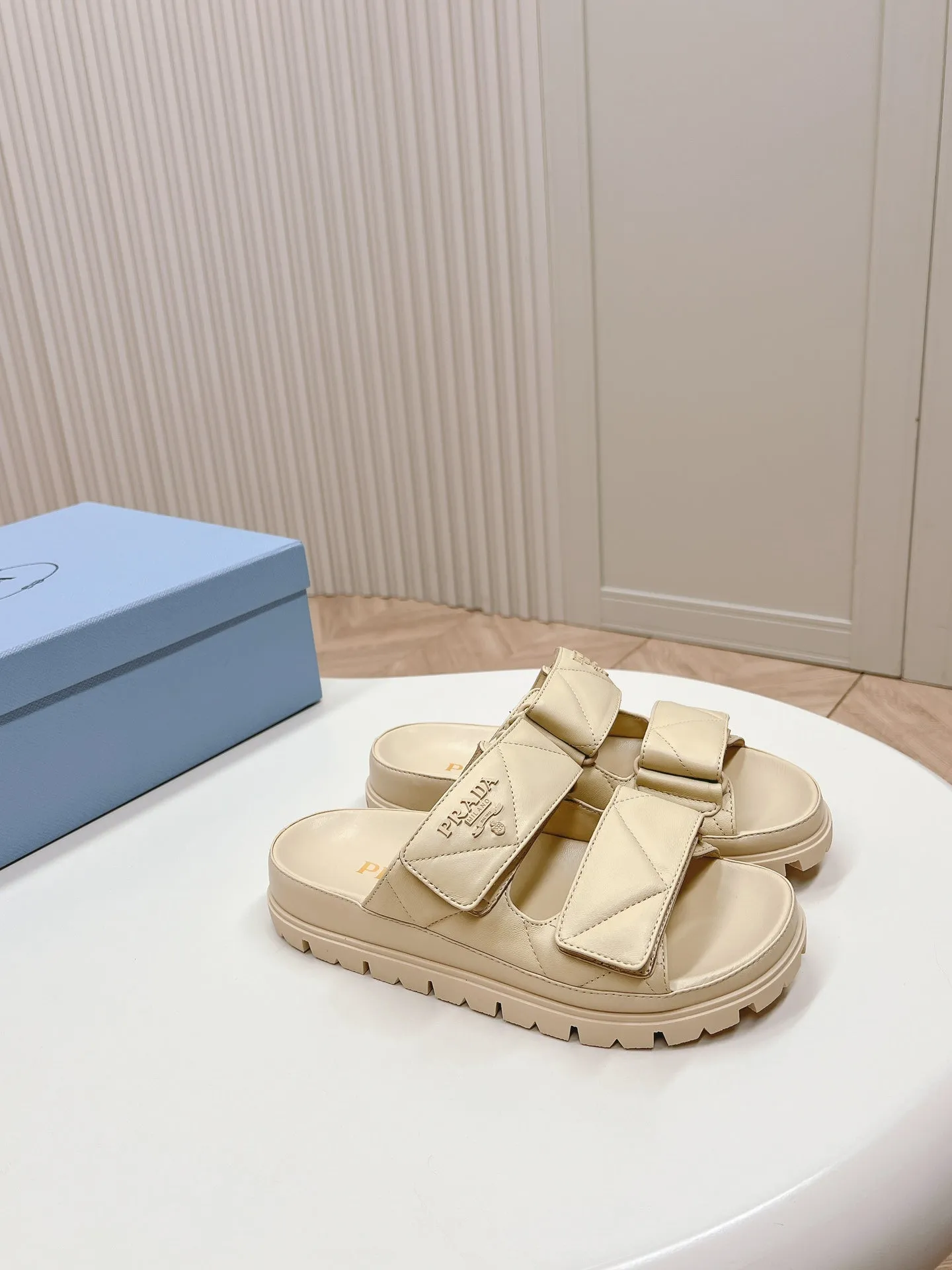 Pra Double Strap Quilted Slide 20 Beige Calfskin