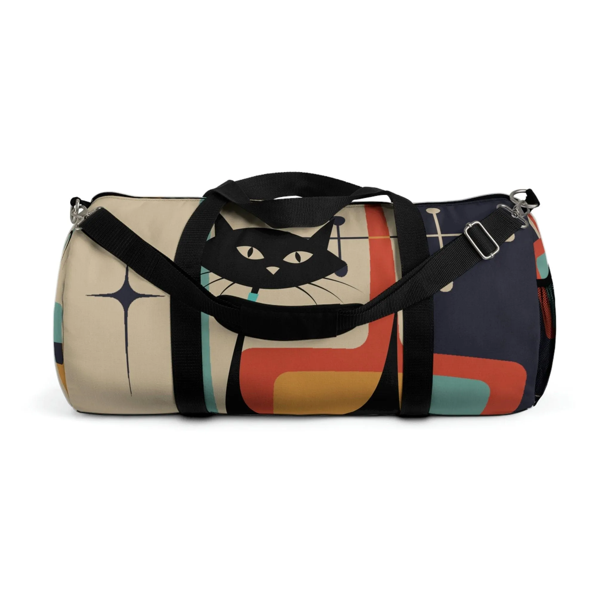 Retro Atomic Kitschy Cat Duffel Bag, Mid Century Modern Workout, Gym, Yoga Gear for Fitness Enthusiasts, Versatile Storage, Travel Adventure