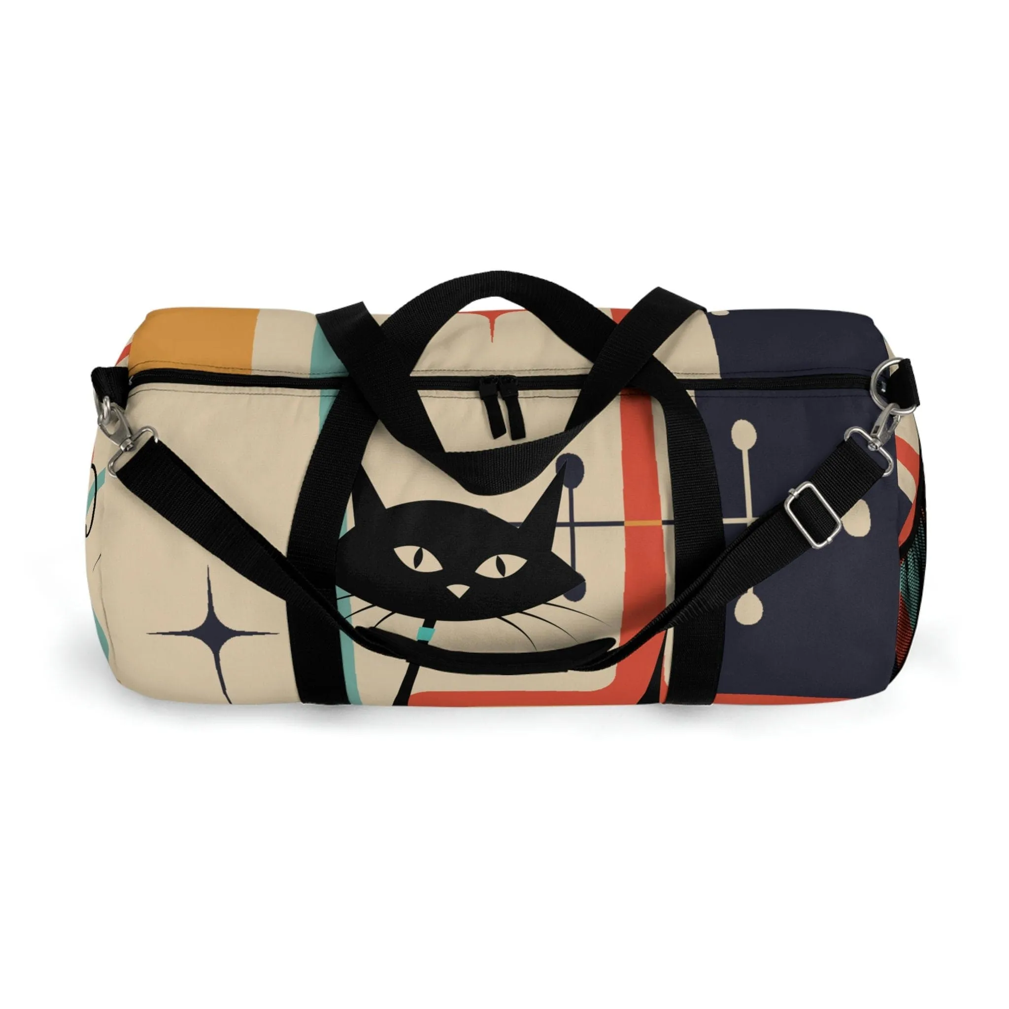 Retro Atomic Kitschy Cat Duffel Bag, Mid Century Modern Workout, Gym, Yoga Gear for Fitness Enthusiasts, Versatile Storage, Travel Adventure