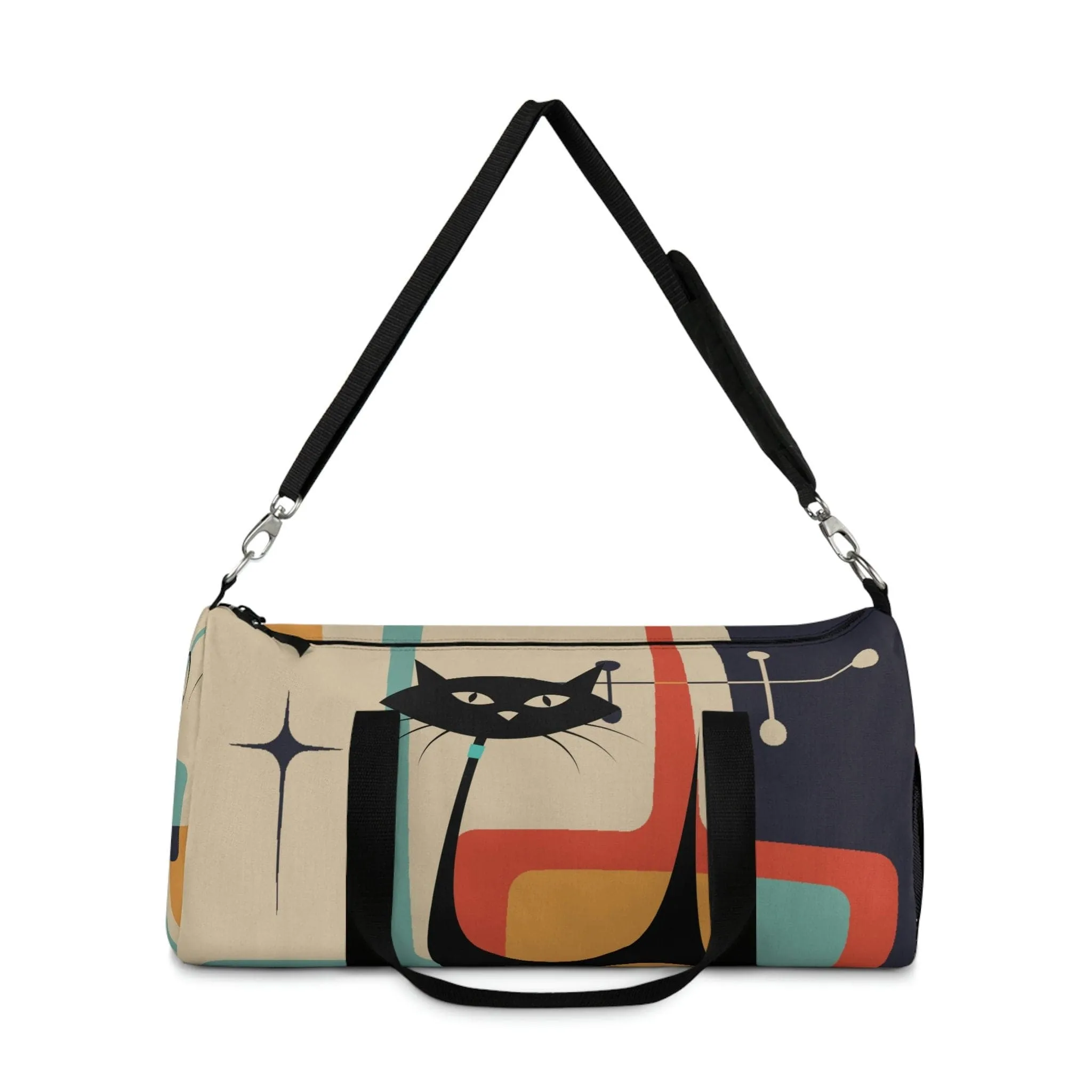 Retro Atomic Kitschy Cat Duffel Bag, Mid Century Modern Workout, Gym, Yoga Gear for Fitness Enthusiasts, Versatile Storage, Travel Adventure