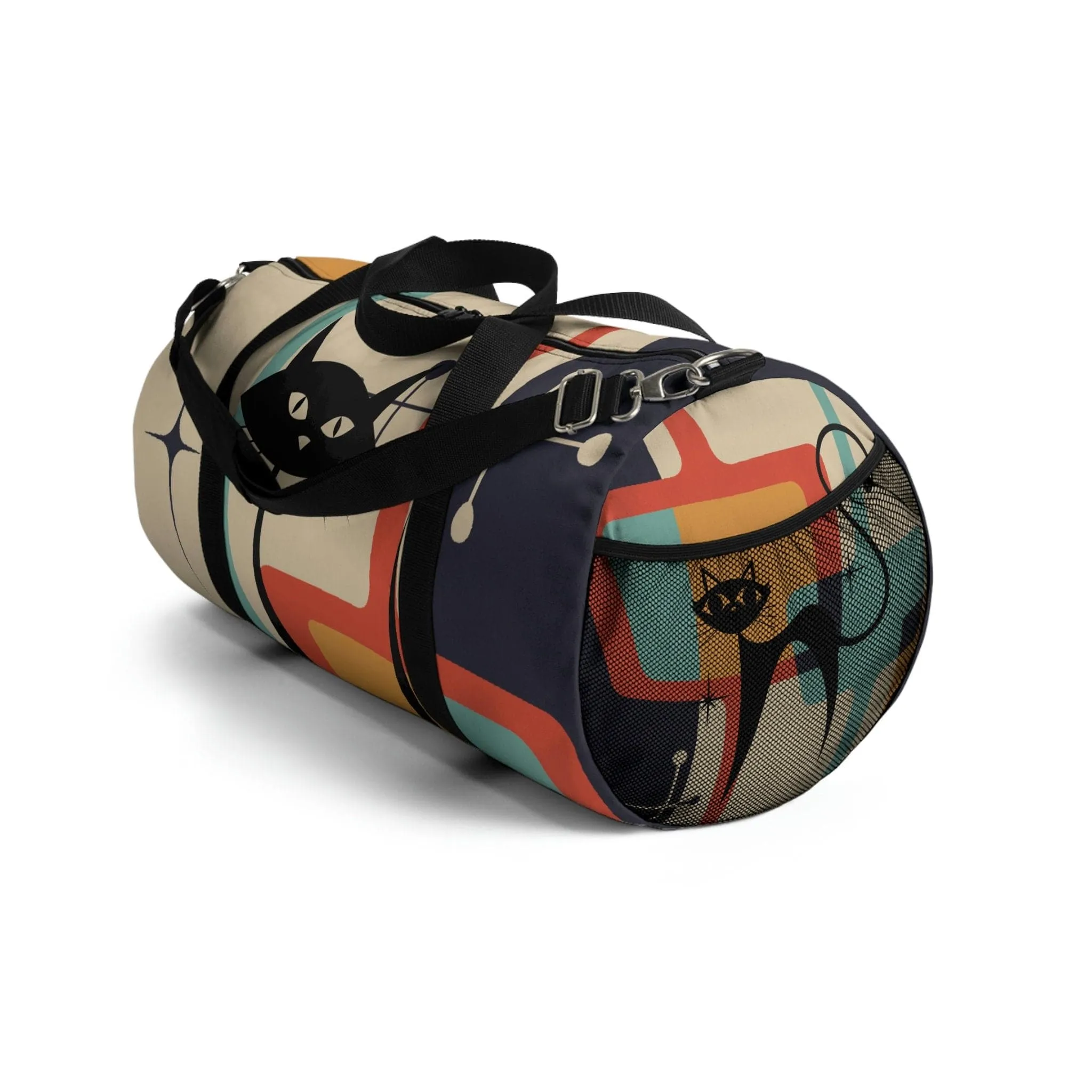 Retro Atomic Kitschy Cat Duffel Bag, Mid Century Modern Workout, Gym, Yoga Gear for Fitness Enthusiasts, Versatile Storage, Travel Adventure