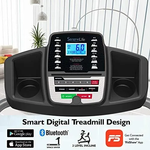 SereneLife Electric Folding Treadmill Exercise Machine - Smart Compact Digital Fitness Treadmill Workout Trainer w/Bluetooth App Sync, Manual Incline Adjustment, for Walking, Running, Gym SLFTRD20