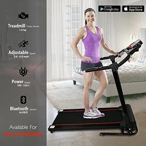 SereneLife Smart Digital Folding Exercise Machine - Electric Motorized Treadmill with Downloadable Sports App for Running & Walking - Pairs to Phones, Laptops, & Tablets via Bluetooth - SLFTRD18