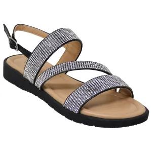 SOBEYO Girl's Platform Sandals Z Strap Rhinestones Memory Foam Cushion Black