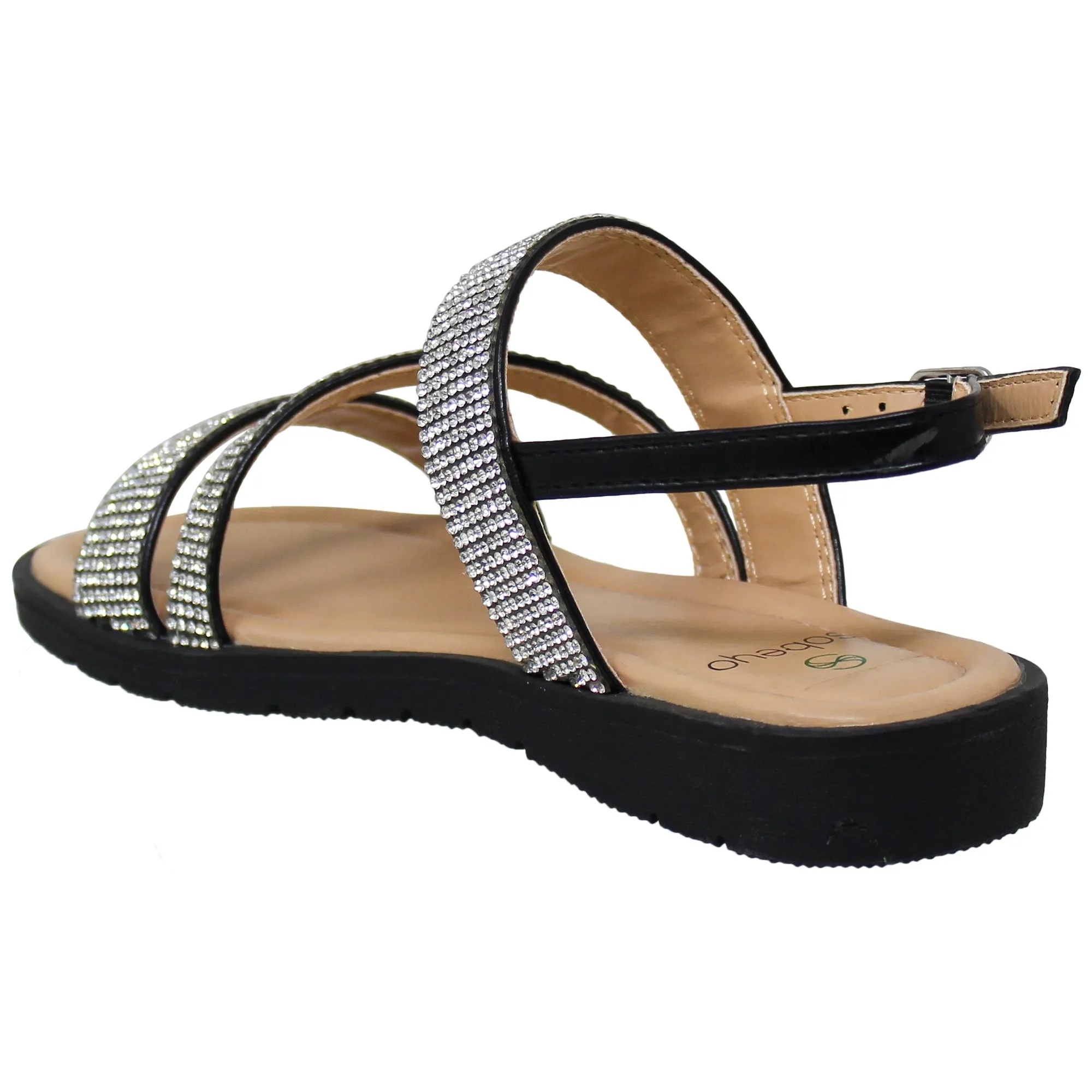 SOBEYO Girl's Platform Sandals Z Strap Rhinestones Memory Foam Cushion Black