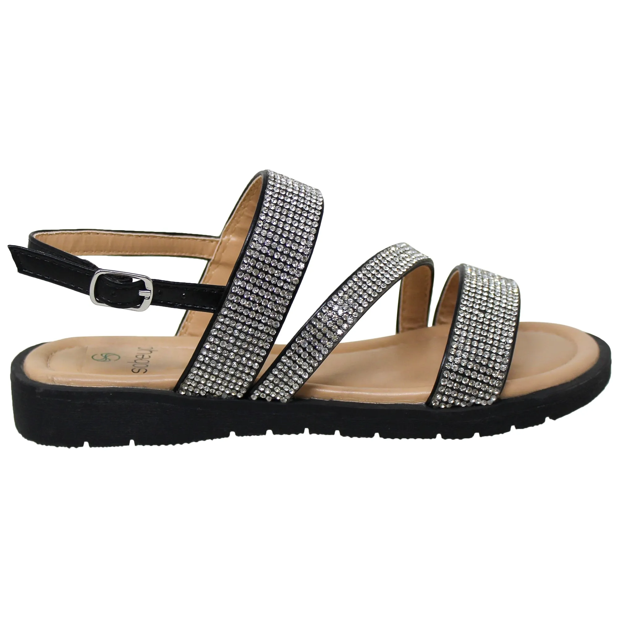 SOBEYO Girl's Platform Sandals Z Strap Rhinestones Memory Foam Cushion Black