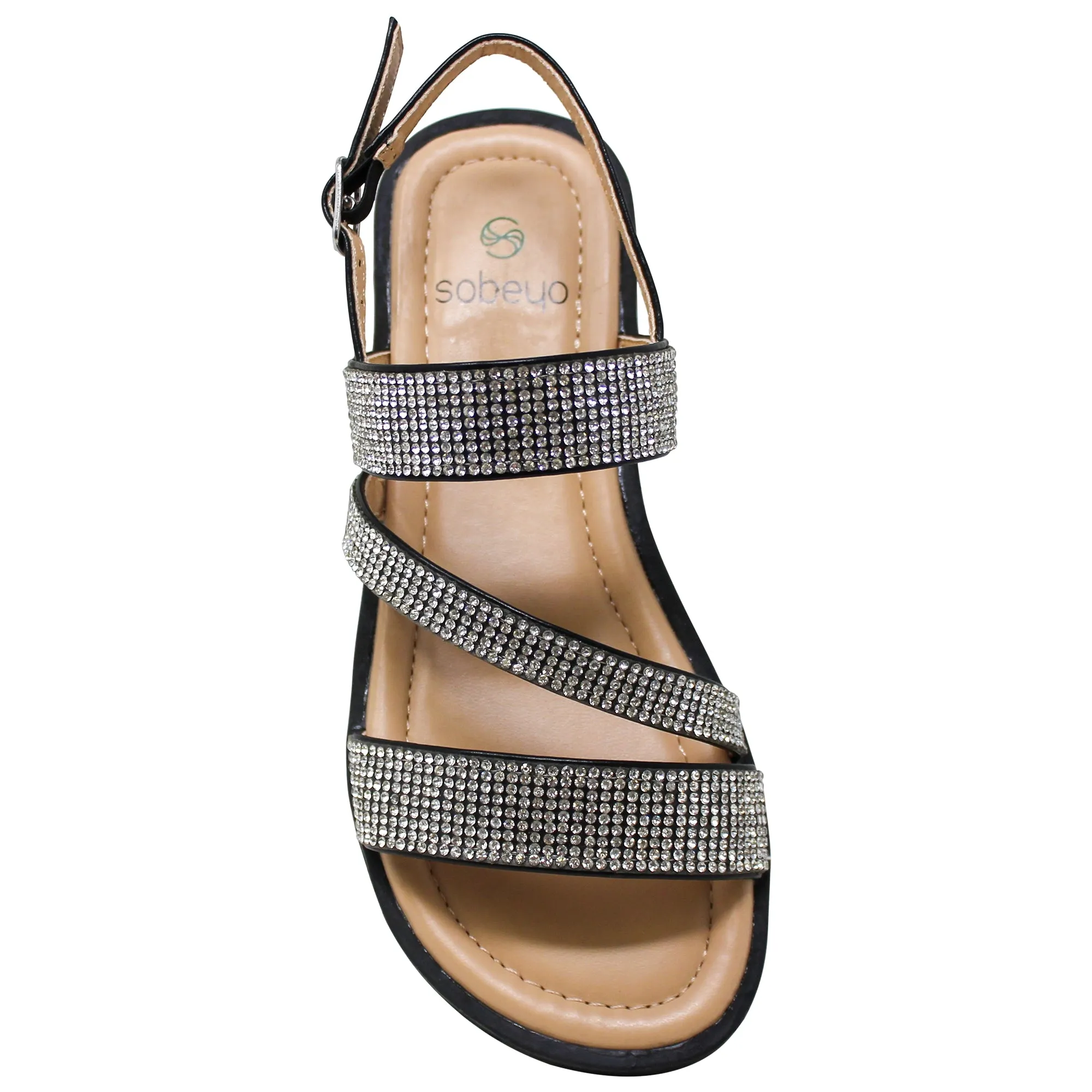 SOBEYO Girl's Platform Sandals Z Strap Rhinestones Memory Foam Cushion Black