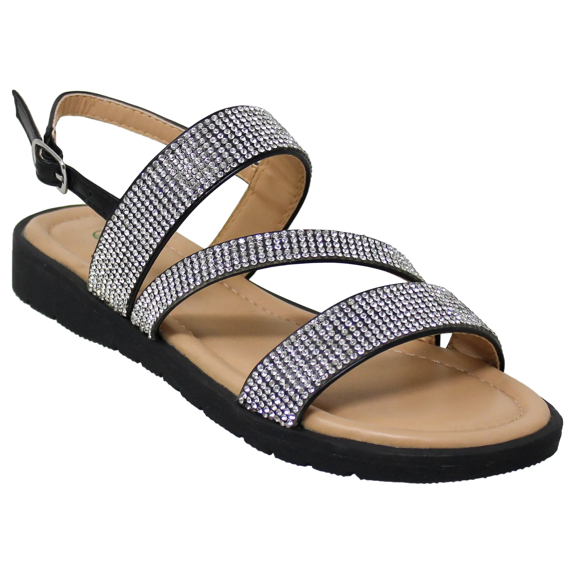 SOBEYO Girl's Platform Sandals Z Strap Rhinestones Memory Foam Cushion Black