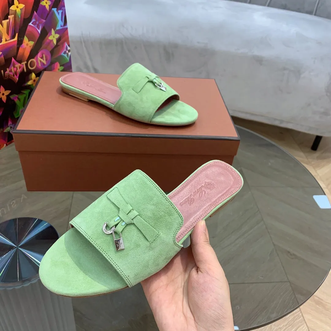 Summer Charms Sandals in Green Suede Pink Lambskin