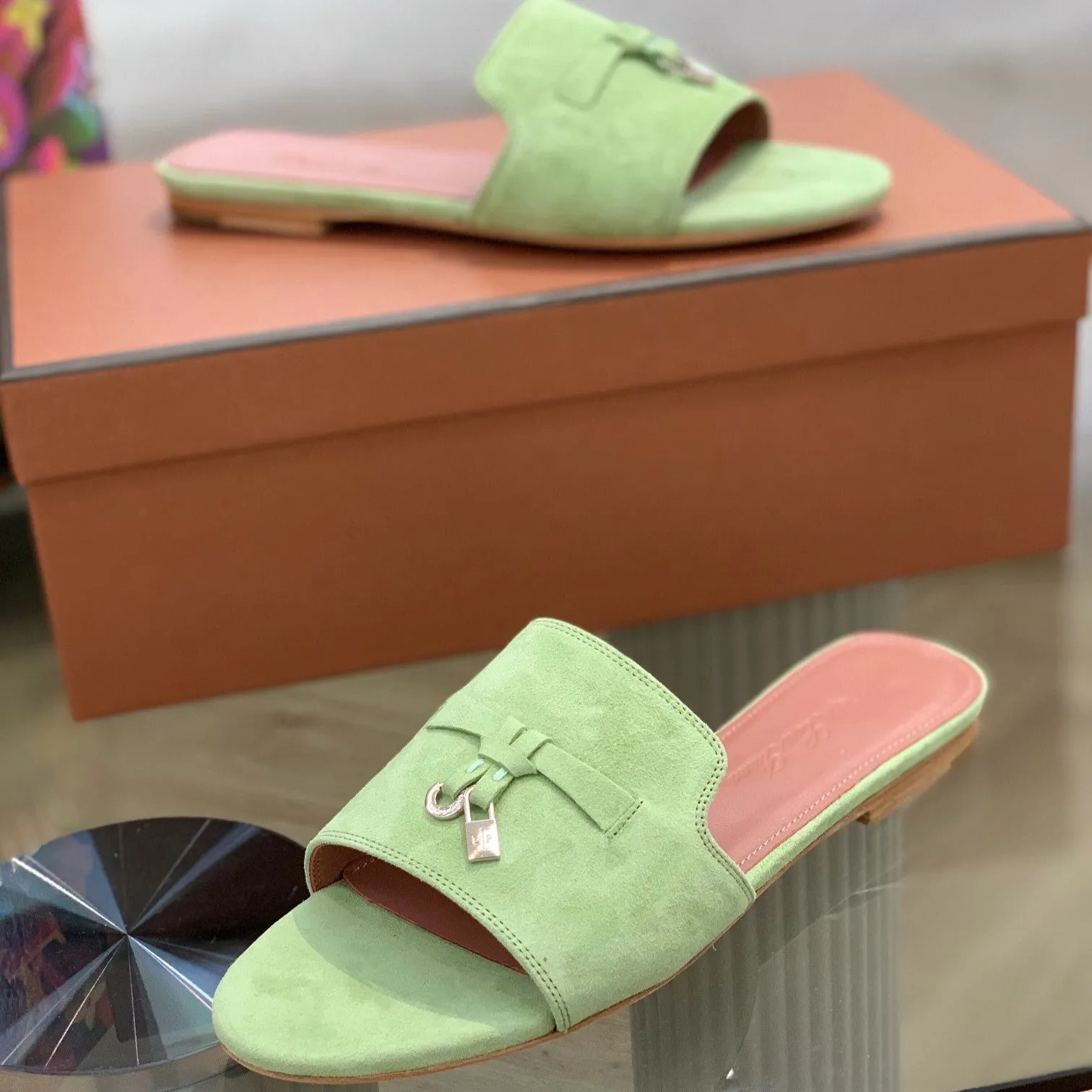 Summer Charms Sandals in Green Suede Pink Lambskin