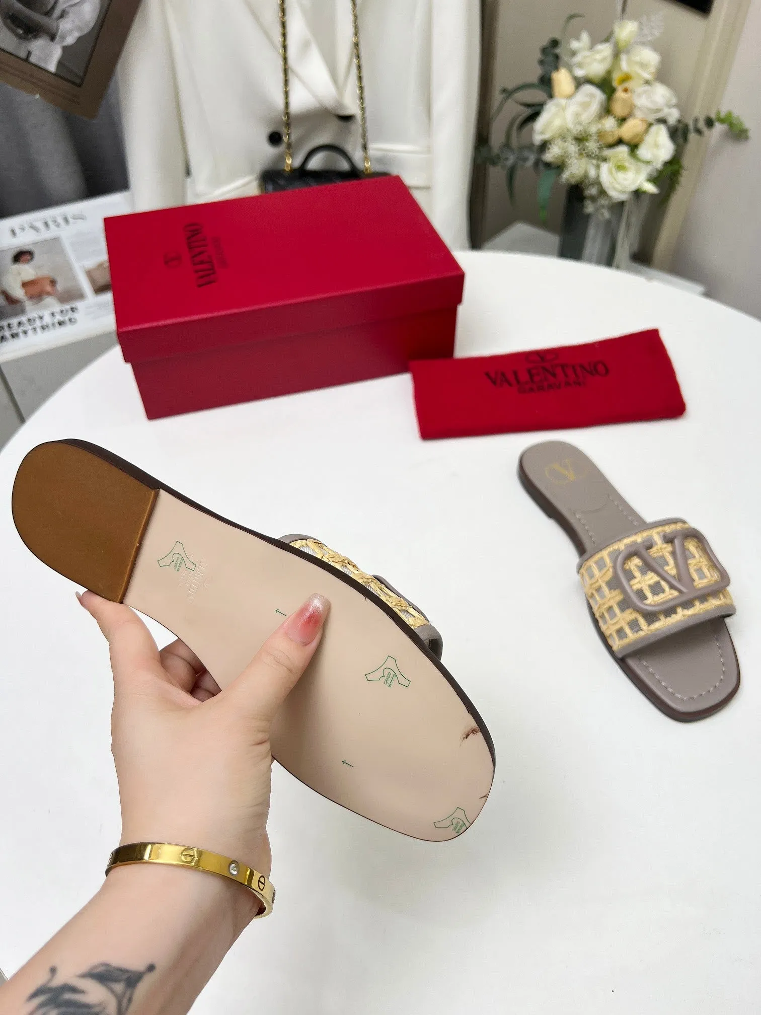 Vlogo embellished leather-trimmed raffia slides grey