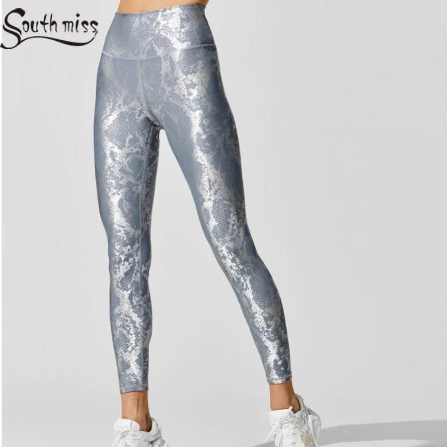 Women’s Retro Metallic Snake Gym Leggings Blue Silver Shiny Legging Fitness Bottoms for High Rise Workout and Yoga