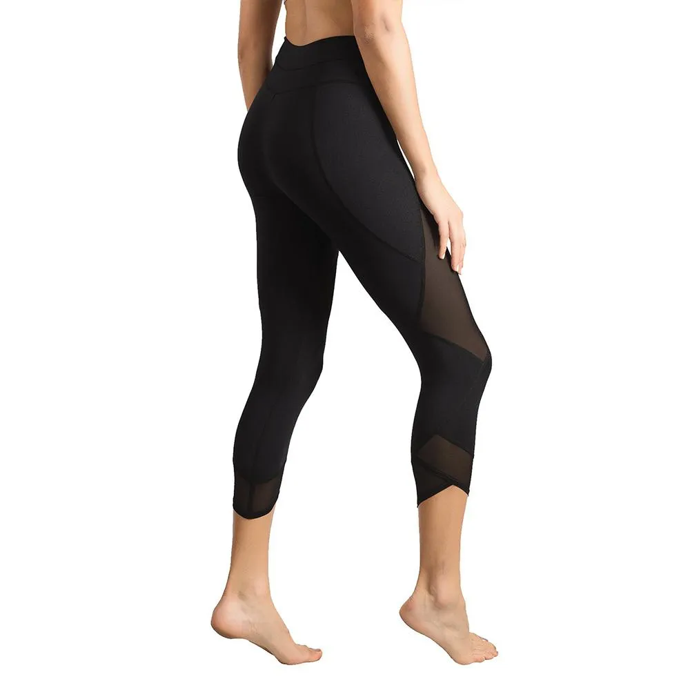 Womens Running Tights Mid-Waist 3/4 Length Tummy Control Mesh Leggings