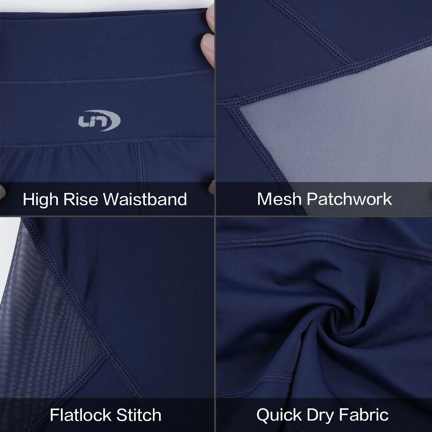 Womens Running Tights Mid-Waist 3/4 Length Tummy Control Mesh Leggings